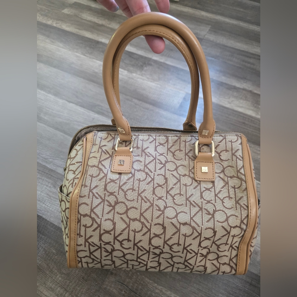 CK Calvin Klein Monogram Boston Bag Satchel in Beige and Tan Canvas EUC!!